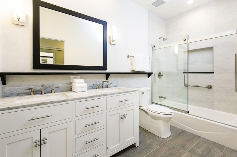 Bathroom featuring floating vanity and sleek lighting